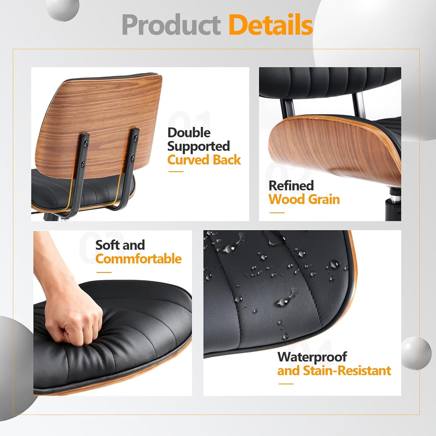 Walnut Office Chair Black PU Leather Adjustable Swivel Rolling Desk Chair
