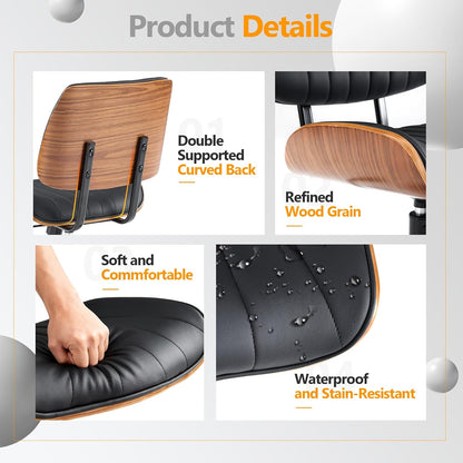 Walnut Office Chair Black PU Leather Adjustable Swivel Rolling Desk Chair