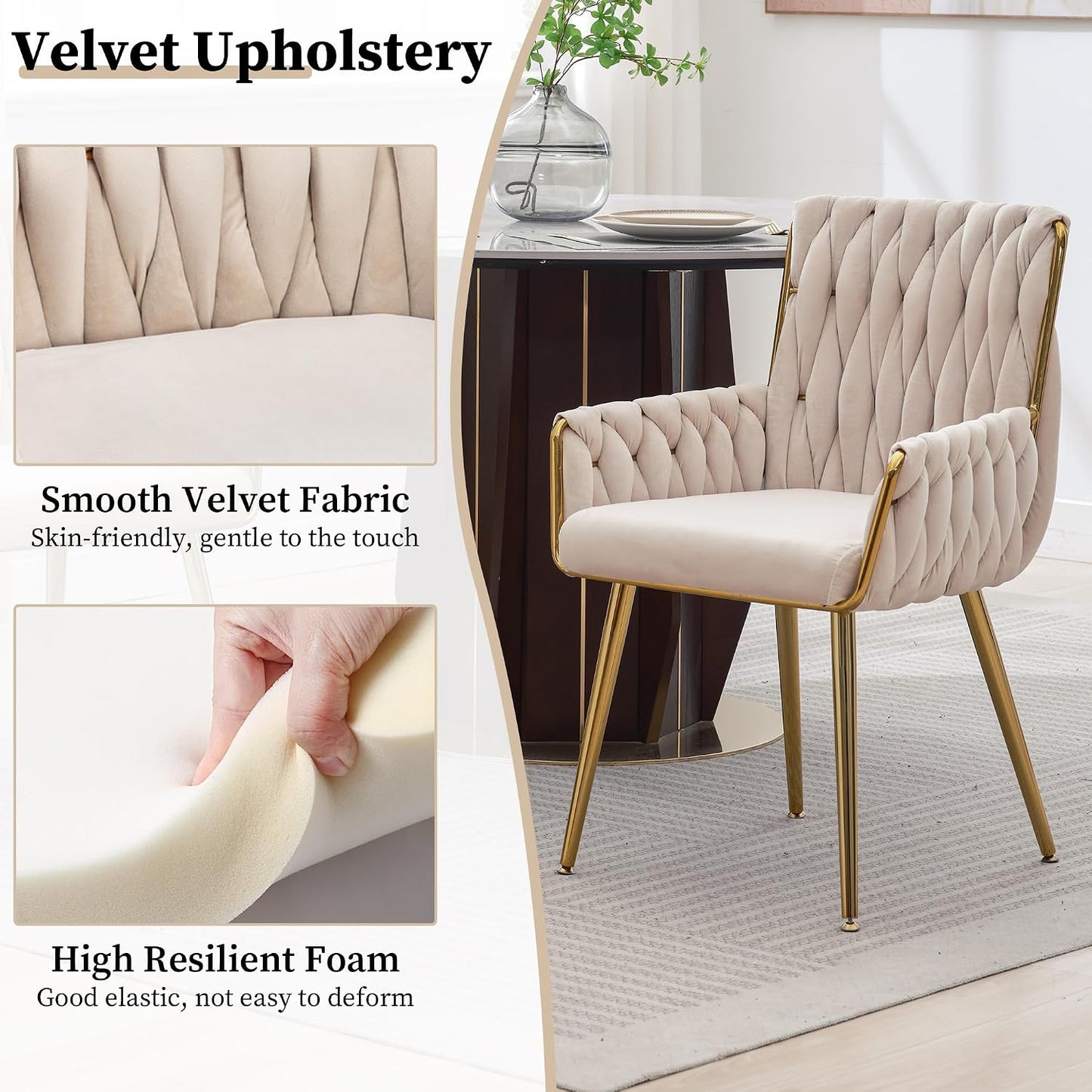 Beige Velvet Vanity Chair Hand Woven Gold Leg Upholstered Accent Chair