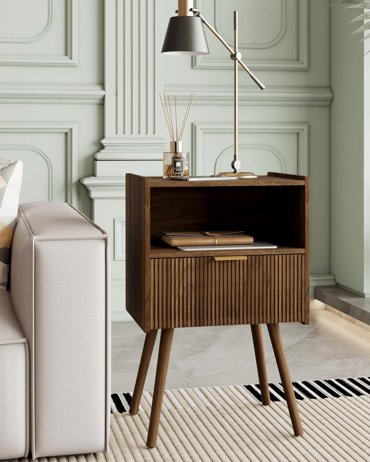 Modern Walnut Brown Fluted Nightstand with Drawer & Open Shelf