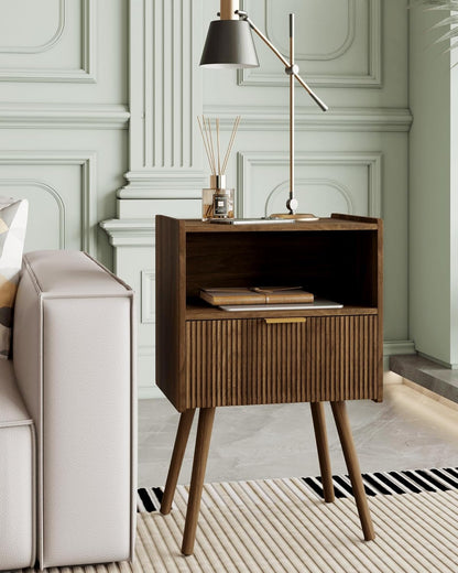 Modern Walnut Brown Fluted Nightstand with Drawer & Open Shelf