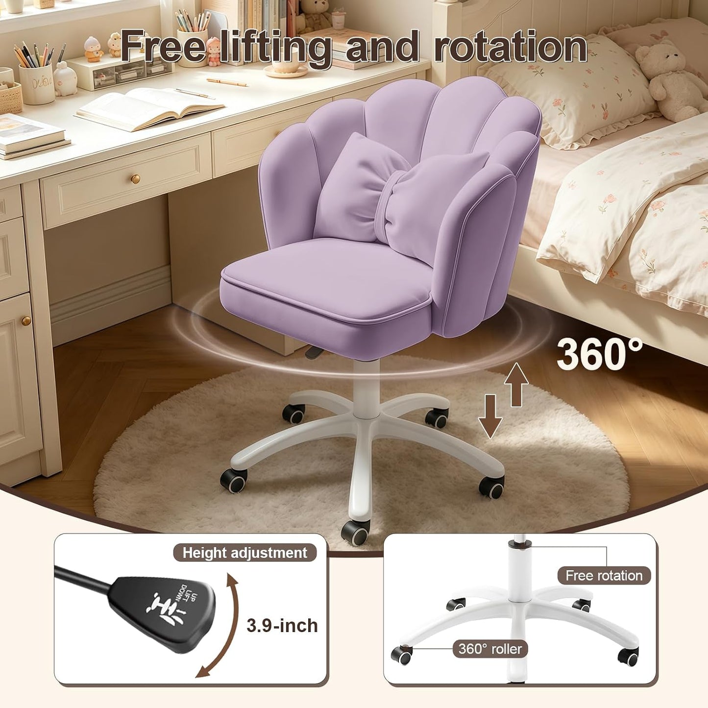 Purple Velvet Petal Vanity Chair Swivel Rolling Desk Chair with Bow Cushion