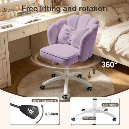 Purple Velvet Petal Vanity Chair Swivel Rolling Desk Chair with Bow Cushion
