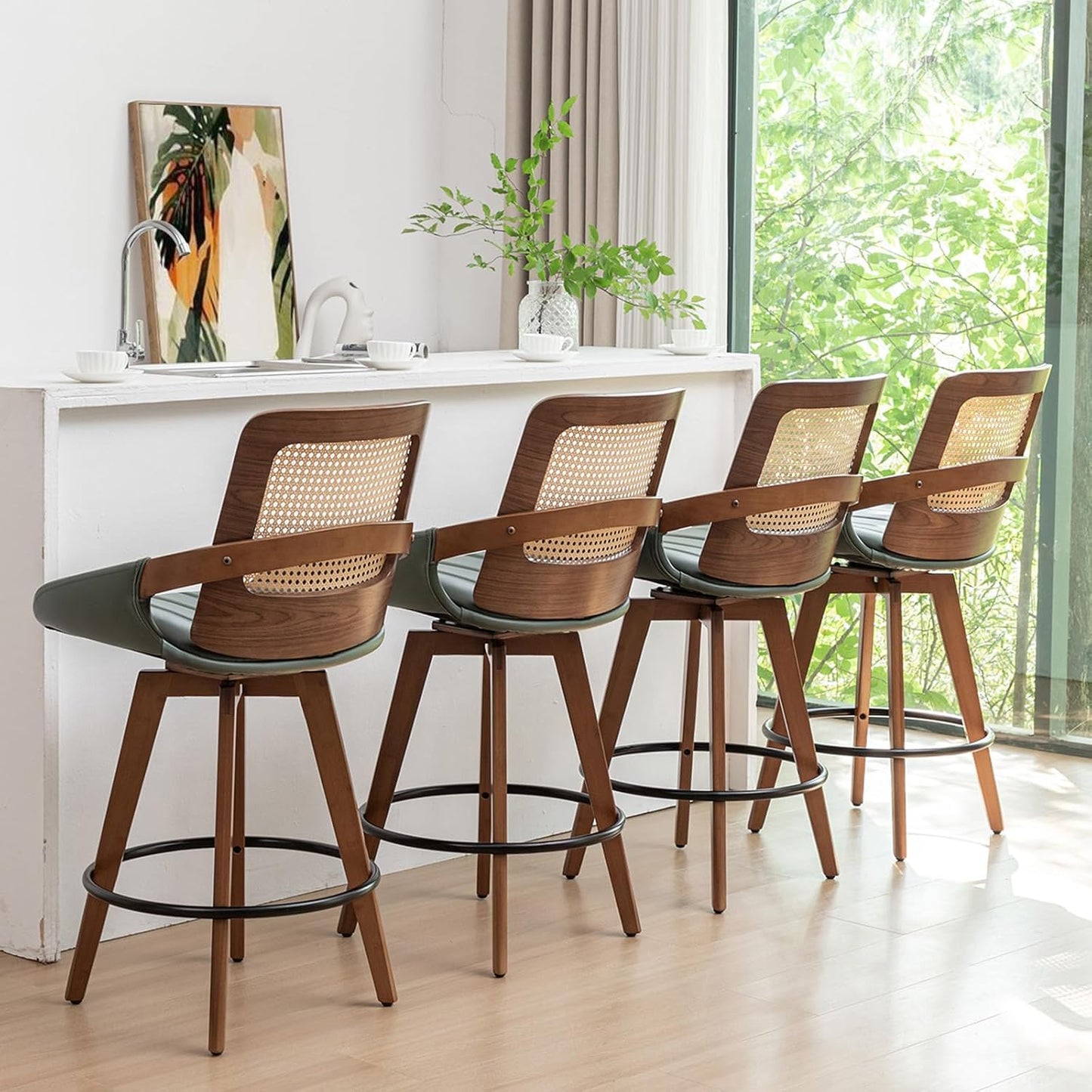 Walnut Cane Swivel Counter Stool with Arms Black Faux Leather Seat