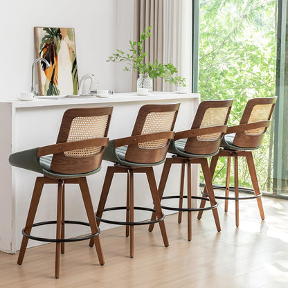 Walnut Cane Swivel Counter Stool with Arms Black Faux Leather Seat