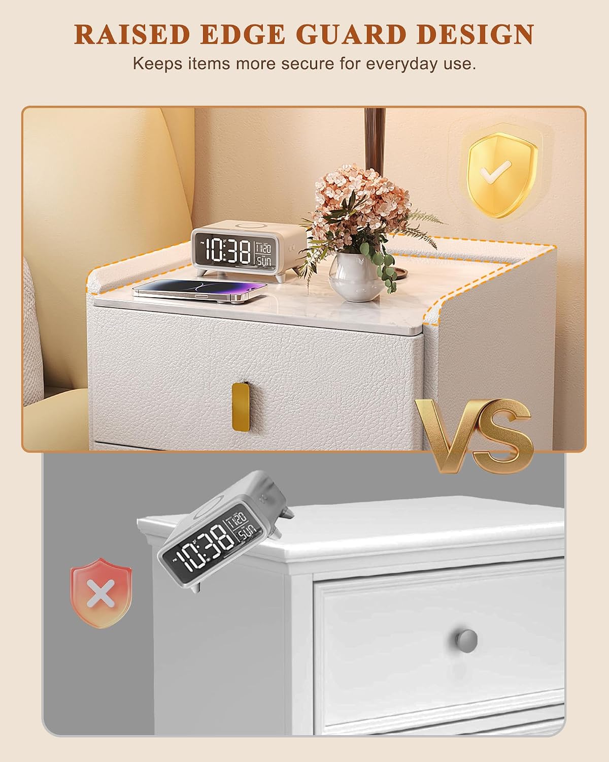 White Narrow Nightstand with 3 Drawers Sintered Stone Top Bedside Table