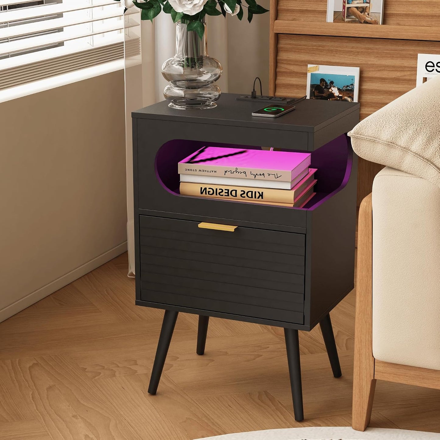 Modern Black Nightstand with Charging Station, LED Light & Storage Drawer