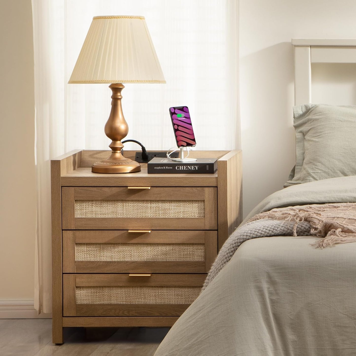 Rattan Nightstand with 3 Drawers Charging Station Farmhouse Bedside Table