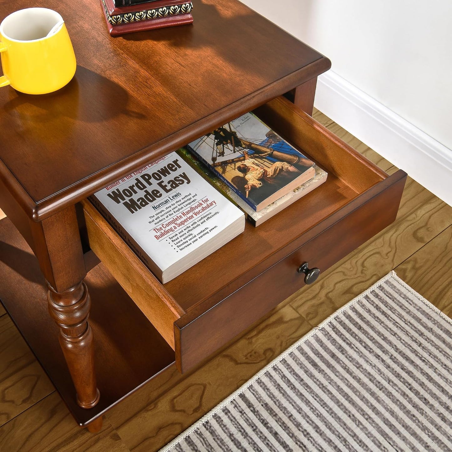 Solid Wood End Table Caramel Brown with Drawer and Storage Shelf Vintage Nightstand