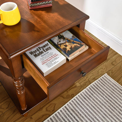 Solid Wood End Table Caramel Brown with Drawer and Storage Shelf Vintage Nightstand