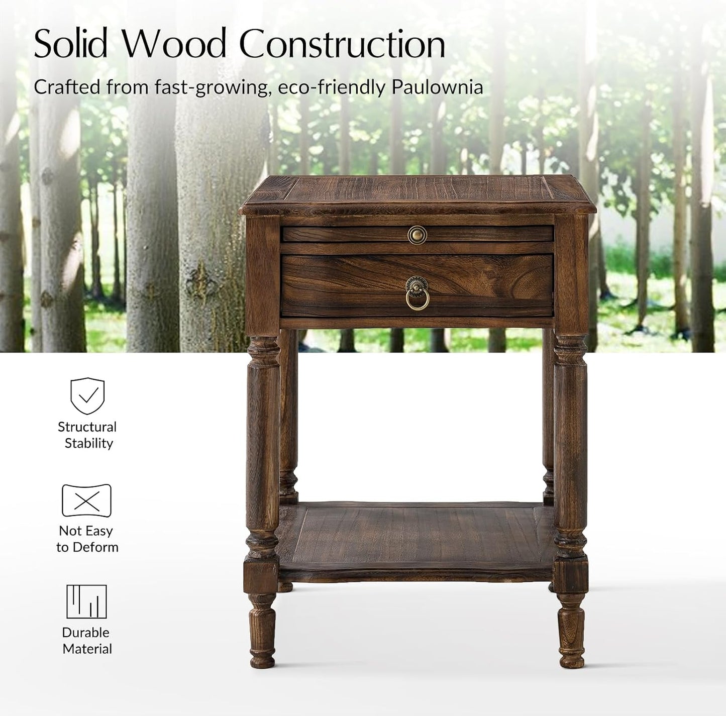 Walnut Spindle End Table with Drawer Charging Station and Pull Out Shelf