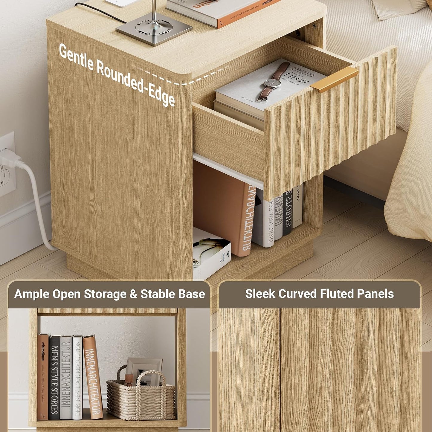 23" Modern Fluted Nightstand with Charging Station – Natural Oak Bedside Table