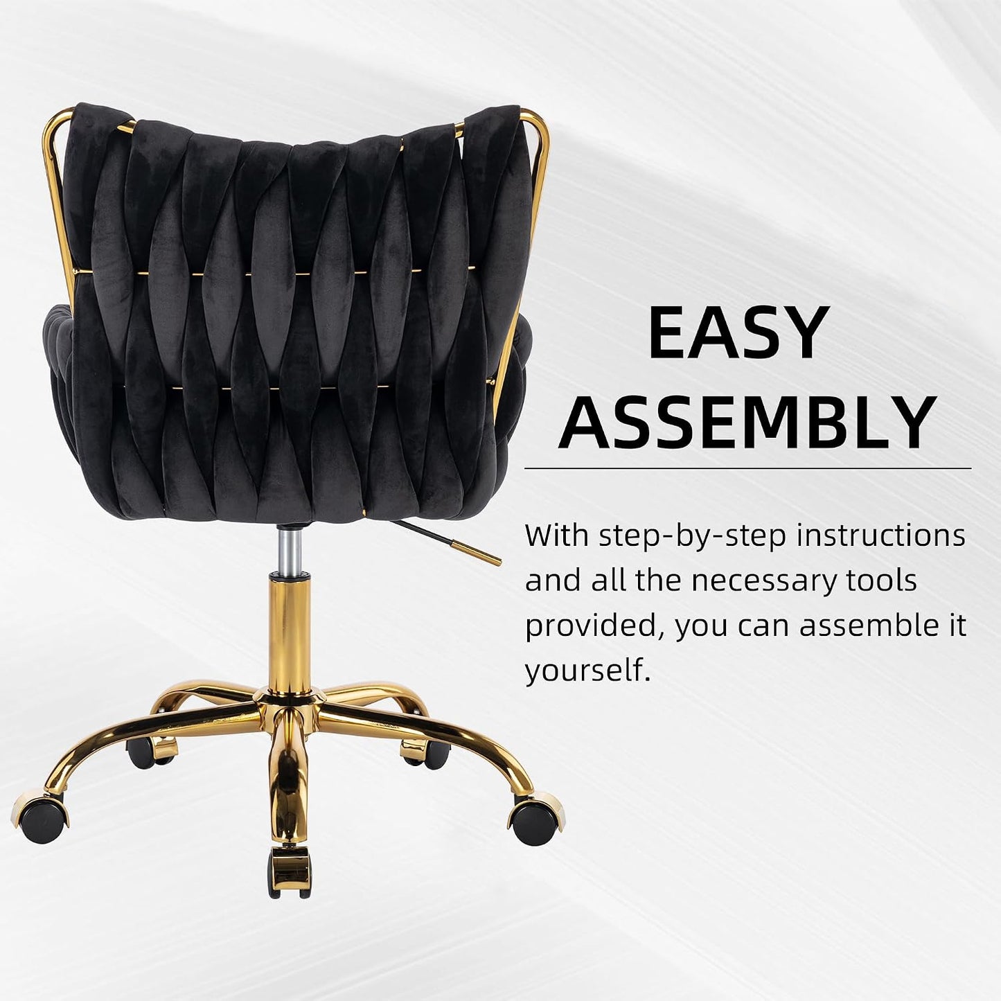 Black Velvet Swivel Desk Chair Hand Woven High Back Gold Base Adjustable Height