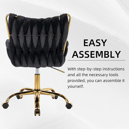 Black Velvet Swivel Desk Chair Hand Woven High Back Gold Base Adjustable Height