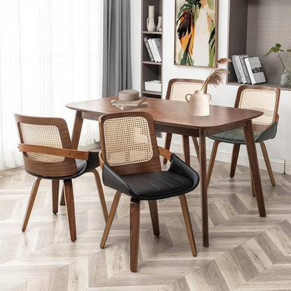 Walnut Rattan Dining Chair with Cane Back Black Upholstered Seat and Arms