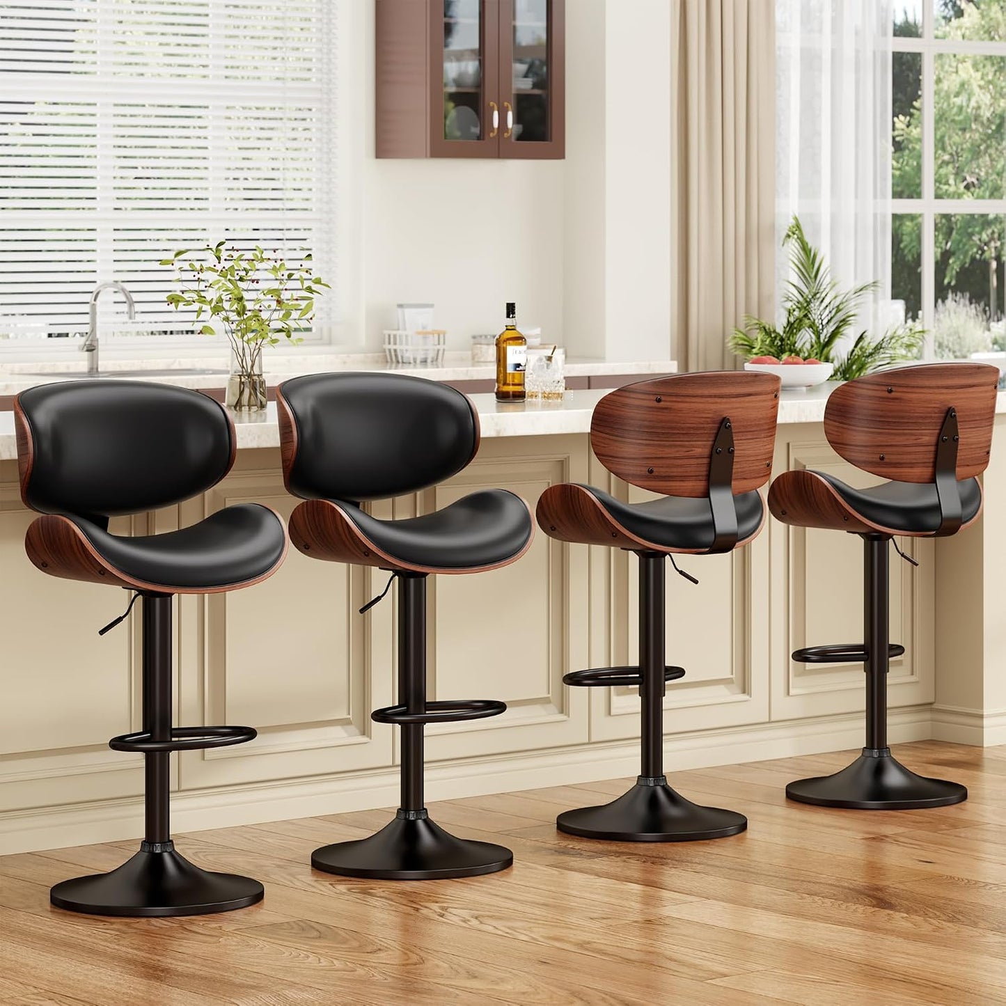 Adjustable Swivel Bar Stool Black PU Leather Walnut Bentwood Counter Chair