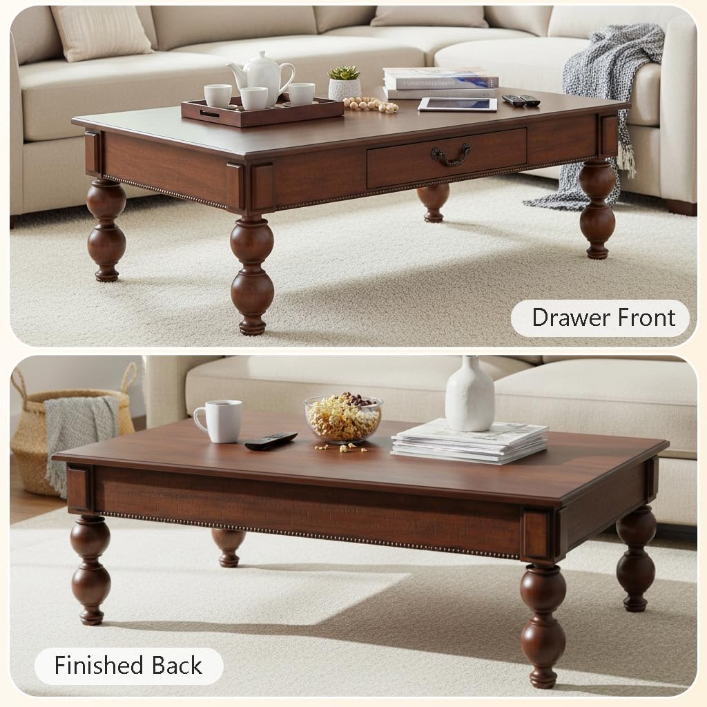 Traditional Walnut Coffee Table with Drawer Rustic Farmhouse Wood Living Room Table