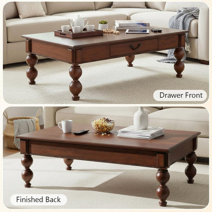 Traditional Walnut Coffee Table with Drawer Rustic Farmhouse Wood Living Room Table