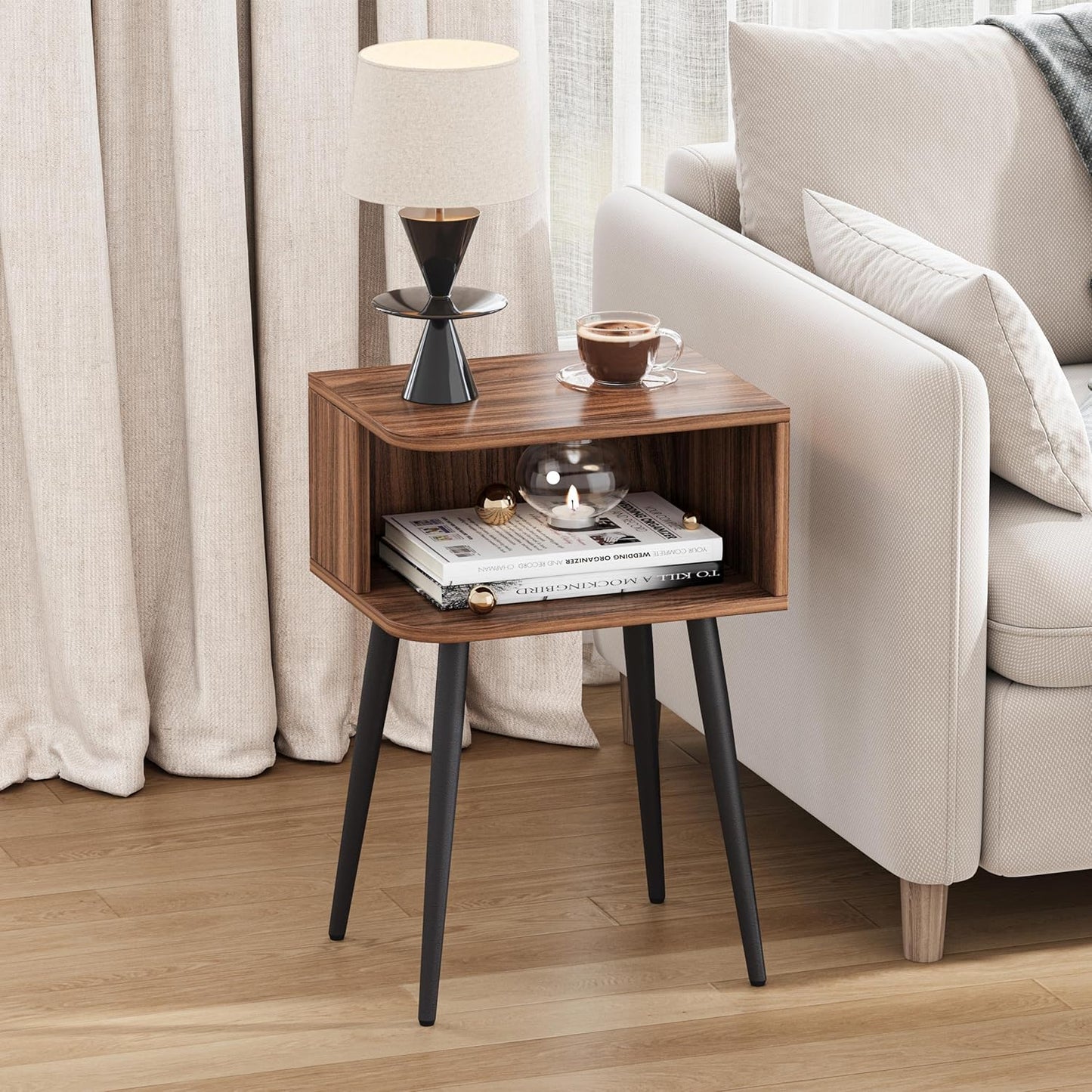 Mid-Century Modern Walnut Brown Nightstand Set of 2 with Open Storage