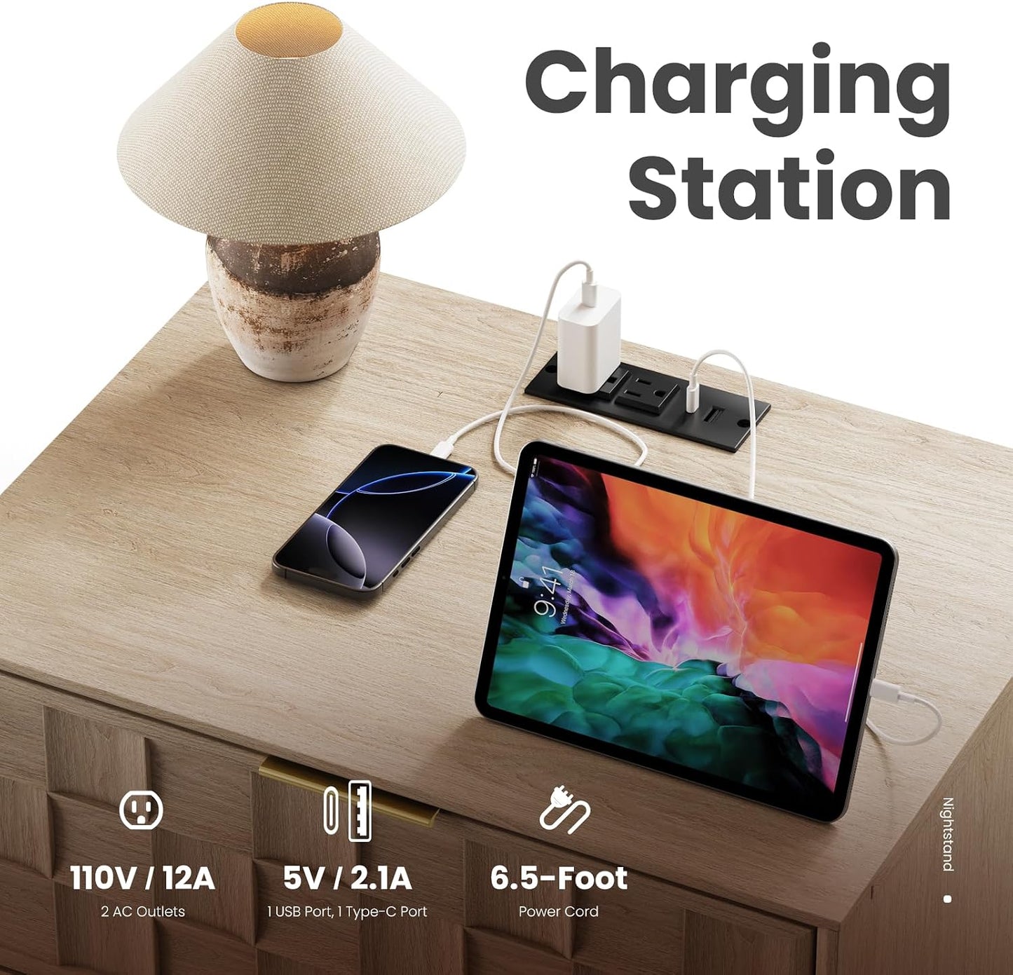 Modern Oak 2-Drawer Nightstand with Charging Station – Textured Bedside Table
