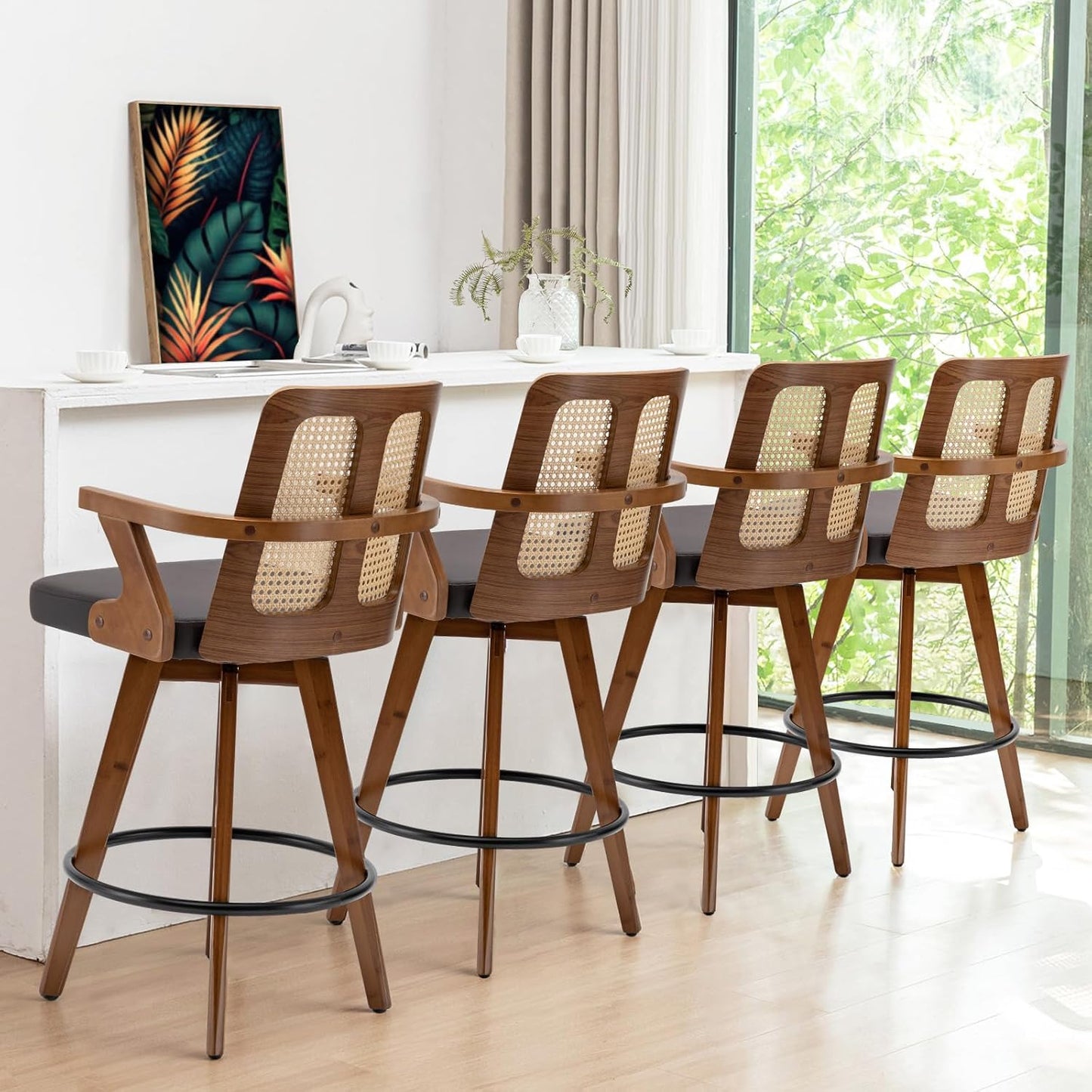 Walnut Rattan Swivel Counter Stool with Arms Green Upholstered Seat