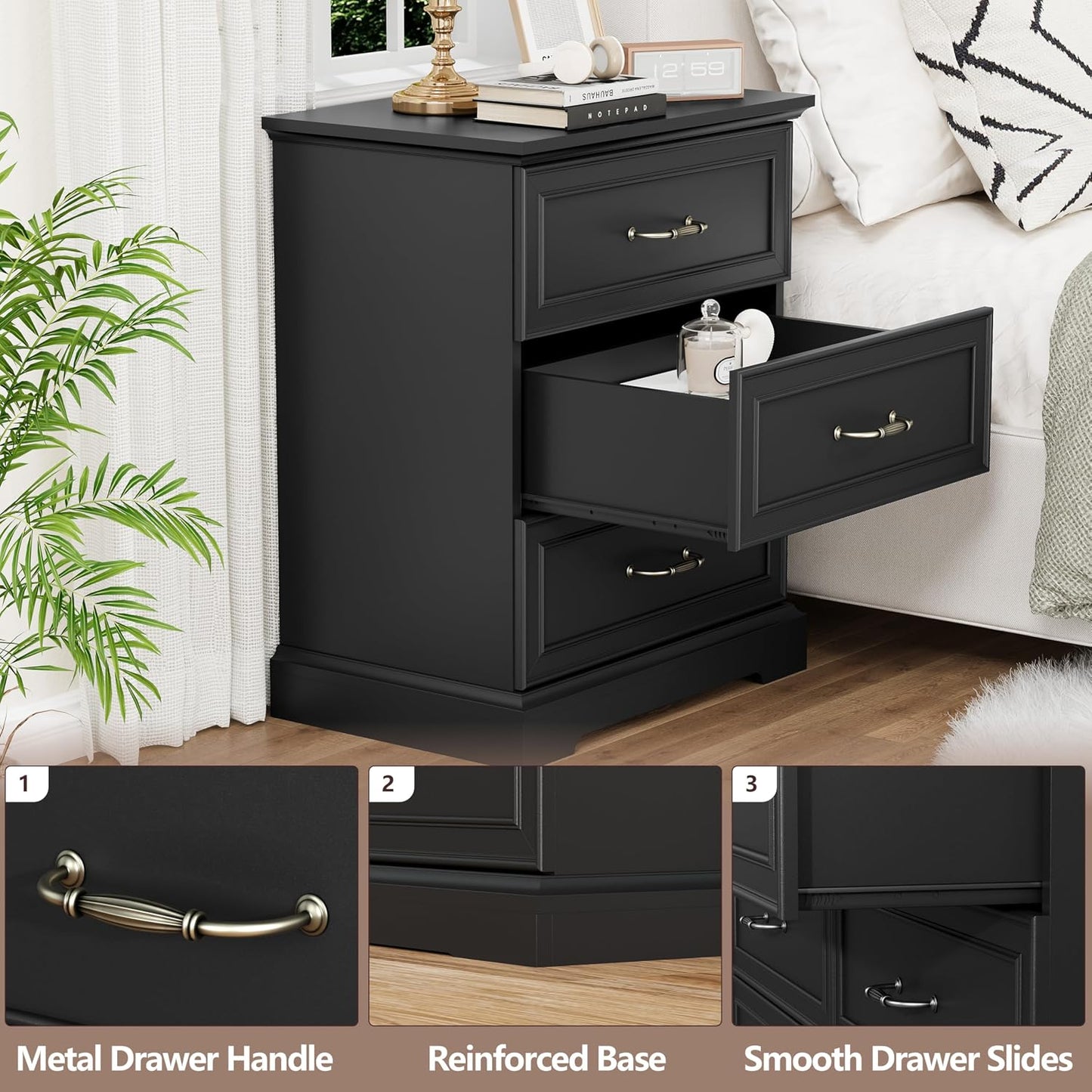 White Farmhouse Nightstand with 3 Drawers Wide Bedside Storage Table