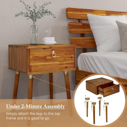 Solid Acacia Wood Nightstand with Drawer – Caramel Mid-Century Side Table