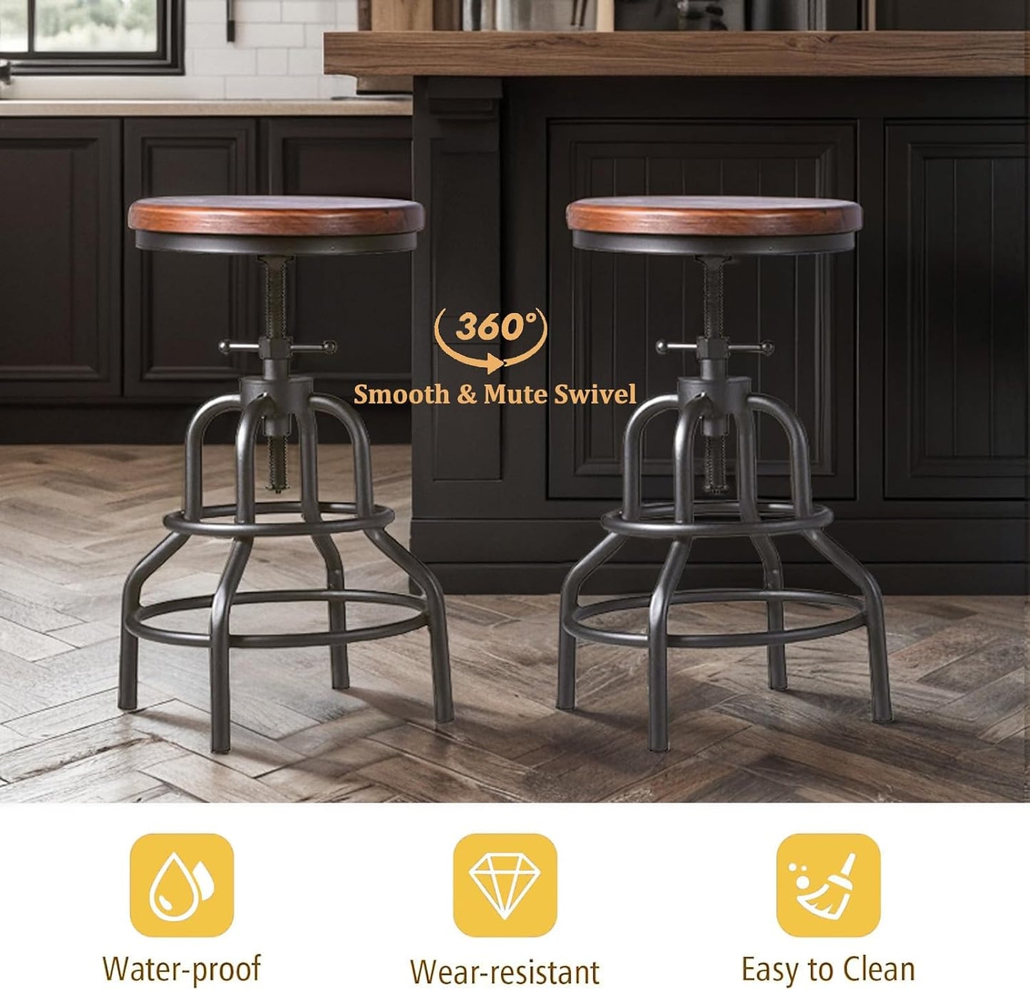 Industrial Swivel Bar Stools Set of 2 Adjustable Wood Counter Height Stools