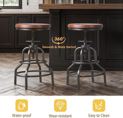 Industrial Swivel Bar Stools Set of 2 Adjustable Wood Counter Height Stools