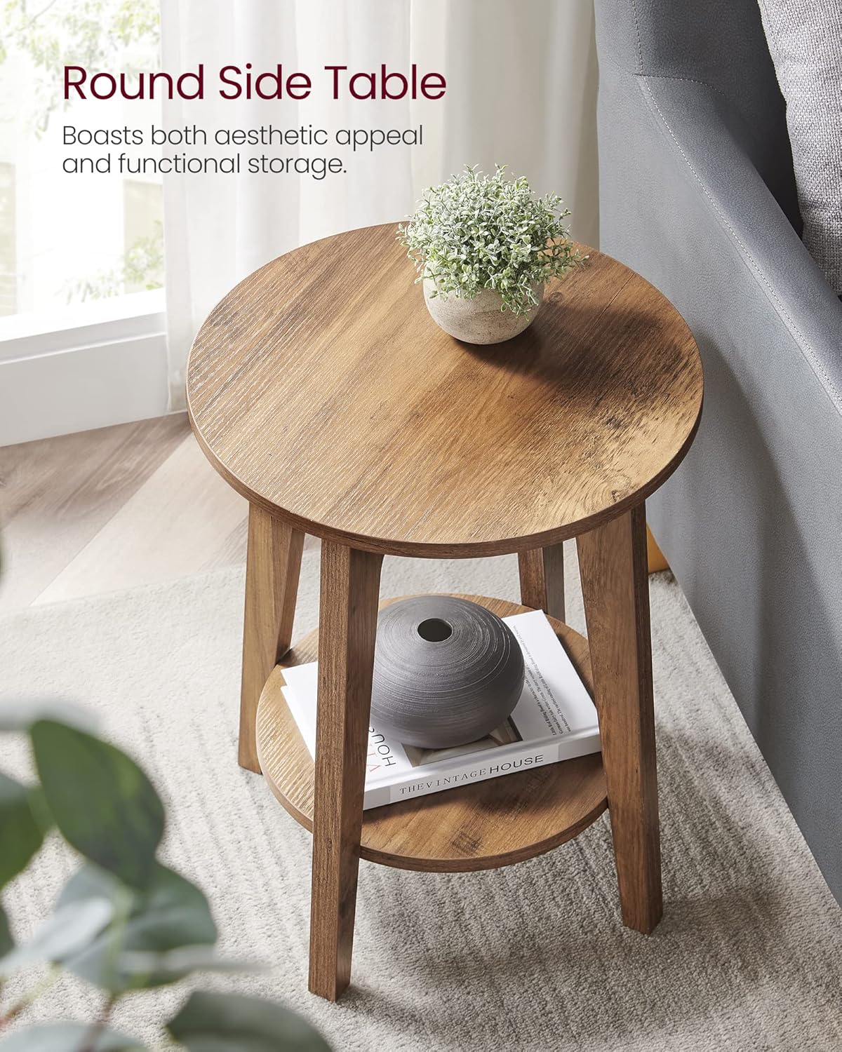 Round Wood Side Table with Lower Shelf Mid Century End Table