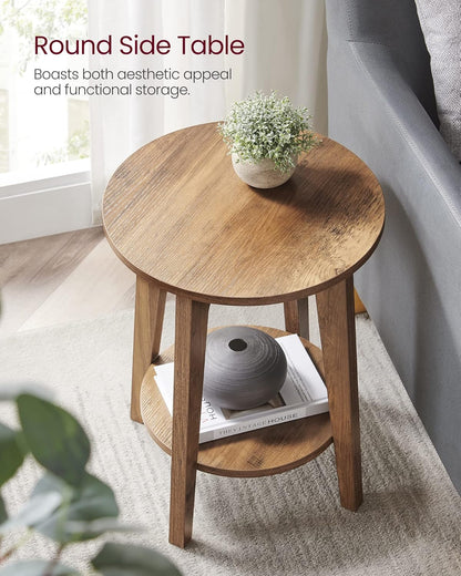Round Wood Side Table with Lower Shelf Mid Century End Table