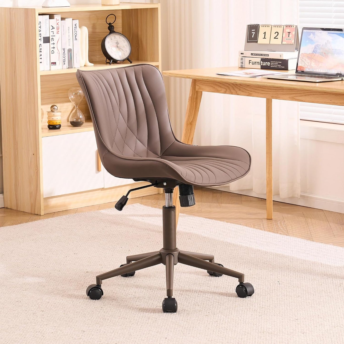 Brown Faux Leather Office Chair Adjustable Swivel Rolling Armless Desk Chair