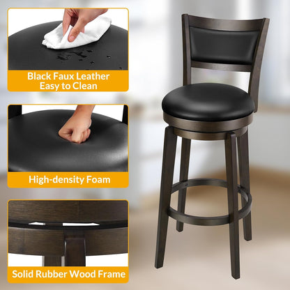 26 Inch Swivel Counter Height Bar Stool Black Faux Leather Solid Wood Frame