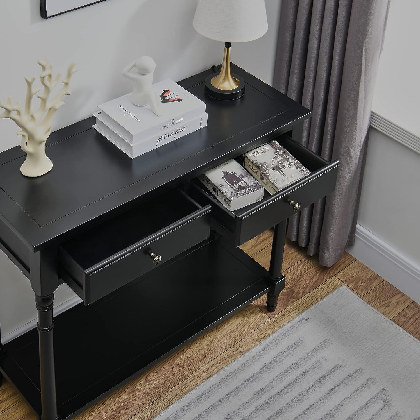 Solid Wood Console Table with 2 Drawers Black Narrow Entryway Table