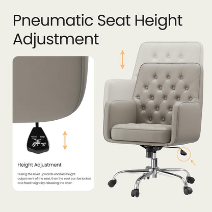 Khaki Leather Office Chair Tufted Adjustable Swivel Desk Chair with Arms