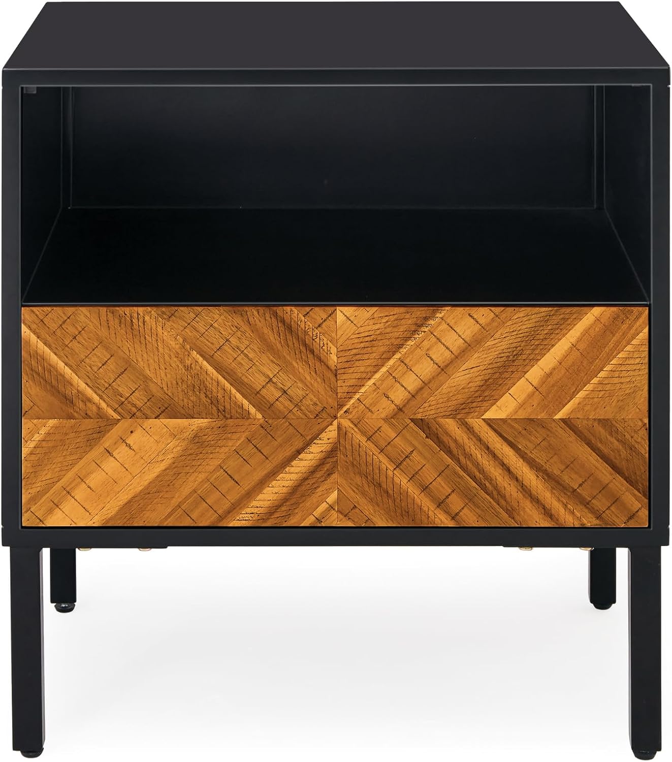 Solid Wood Herringbone Nightstand with Drawer & Open Shelf