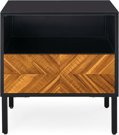 Solid Wood Herringbone Nightstand with Drawer & Open Shelf