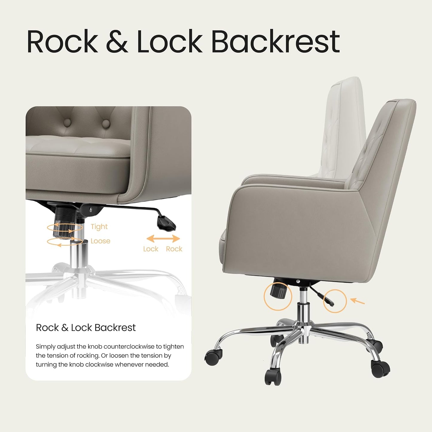 Khaki Leather Office Chair Tufted Adjustable Swivel Desk Chair with Arms