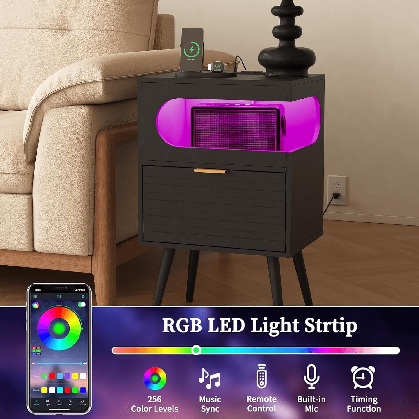 Modern Black Nightstand with Charging Station, LED Light & Storage Drawer