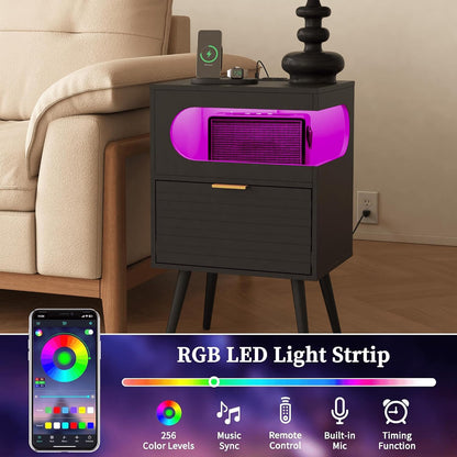 Modern Black Nightstand with Charging Station, LED Light & Storage Drawer