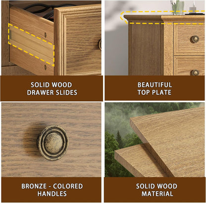 Solid Wood 2-Drawer Nightstand with Charging Station – Teak Farmhouse Bedside Table