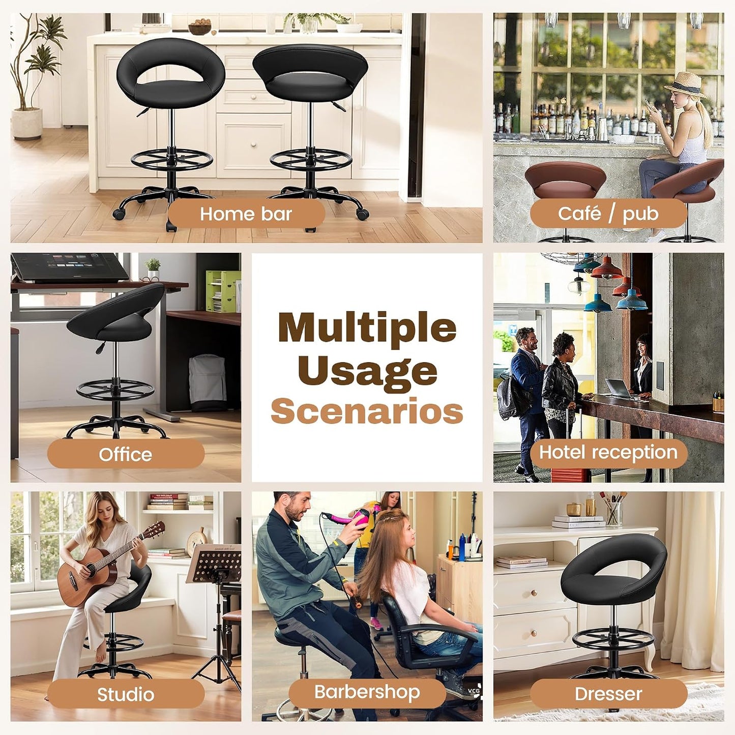 Adjustable Drafting Chair Black Faux Leather Swivel Counter Stool with Wheels