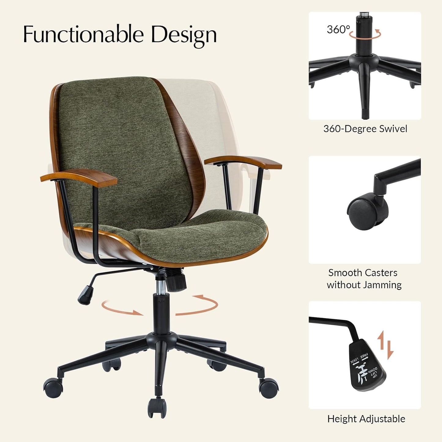 Green Solid Wood Office Chair Adjustable Swivel Mid Century Desk Chair