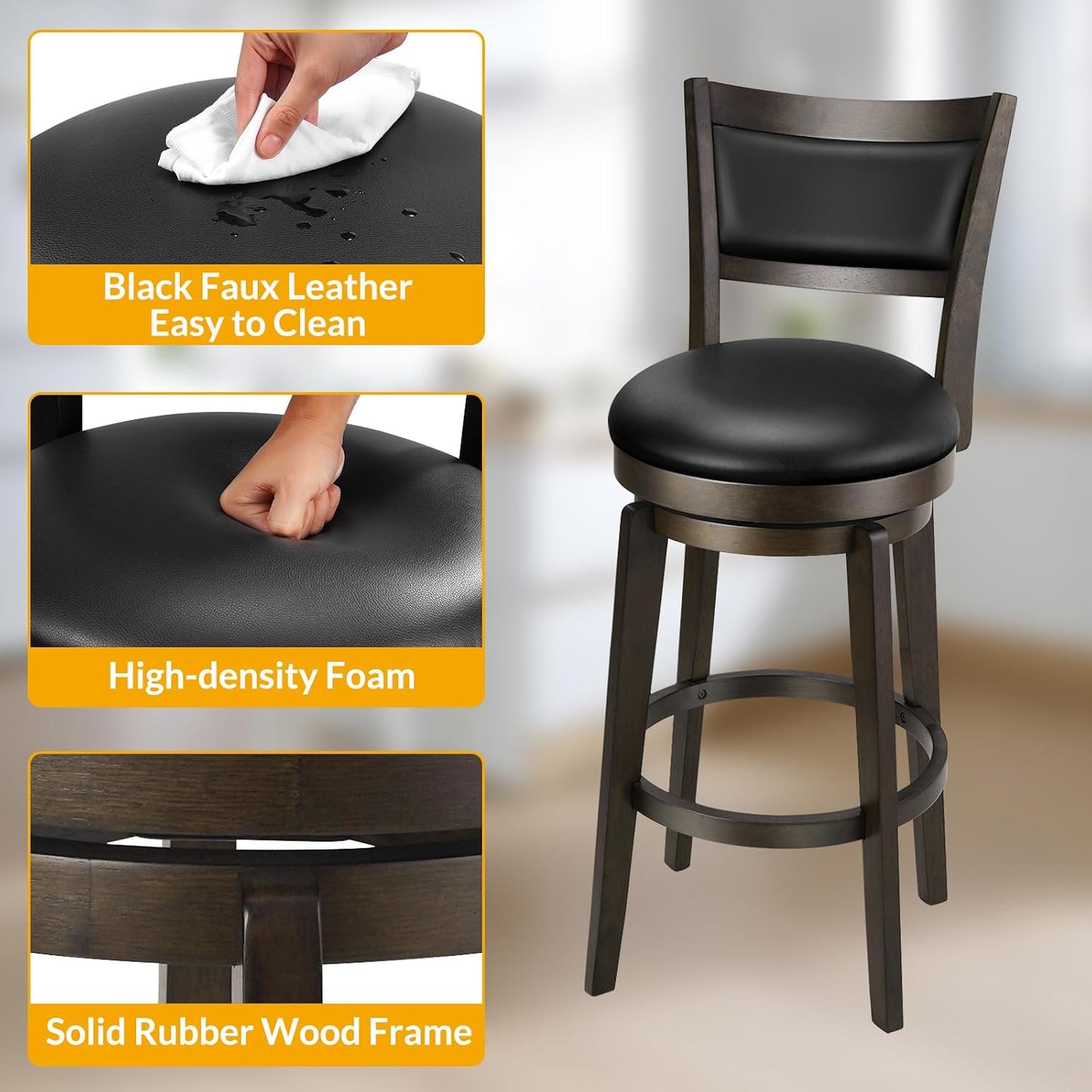 Swivel Counter Height Bar Stools Black Faux Leather Wood Set of 2