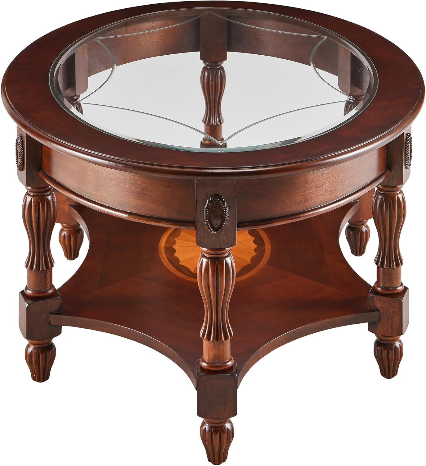 Victorian Oval Solid Wood Coffee Table with Glass Top Cherry Walnut
