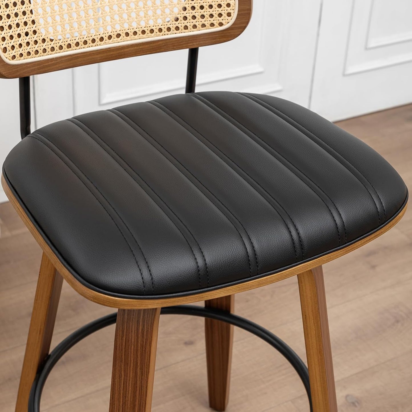Walnut Rattan Counter Stool with Cane Back Grey Fabric Seat 26 Inch
