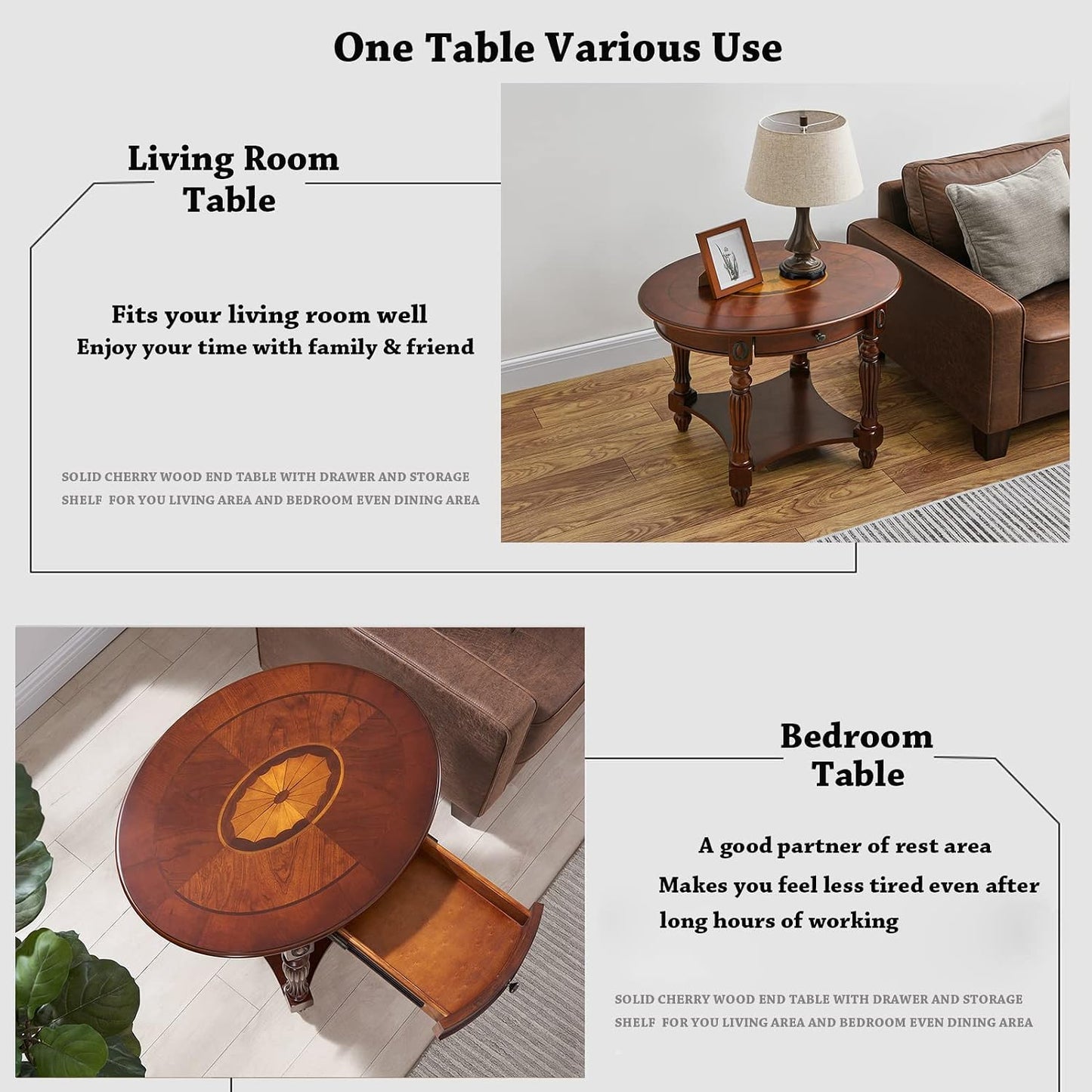 Solid Wood Oval End Table Cherry Walnut with Drawer and Storage Shelf