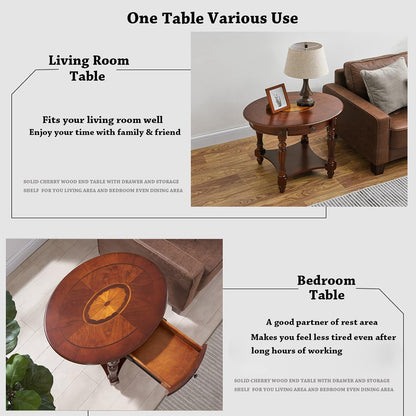 Solid Wood Oval End Table Cherry Walnut with Drawer and Storage Shelf