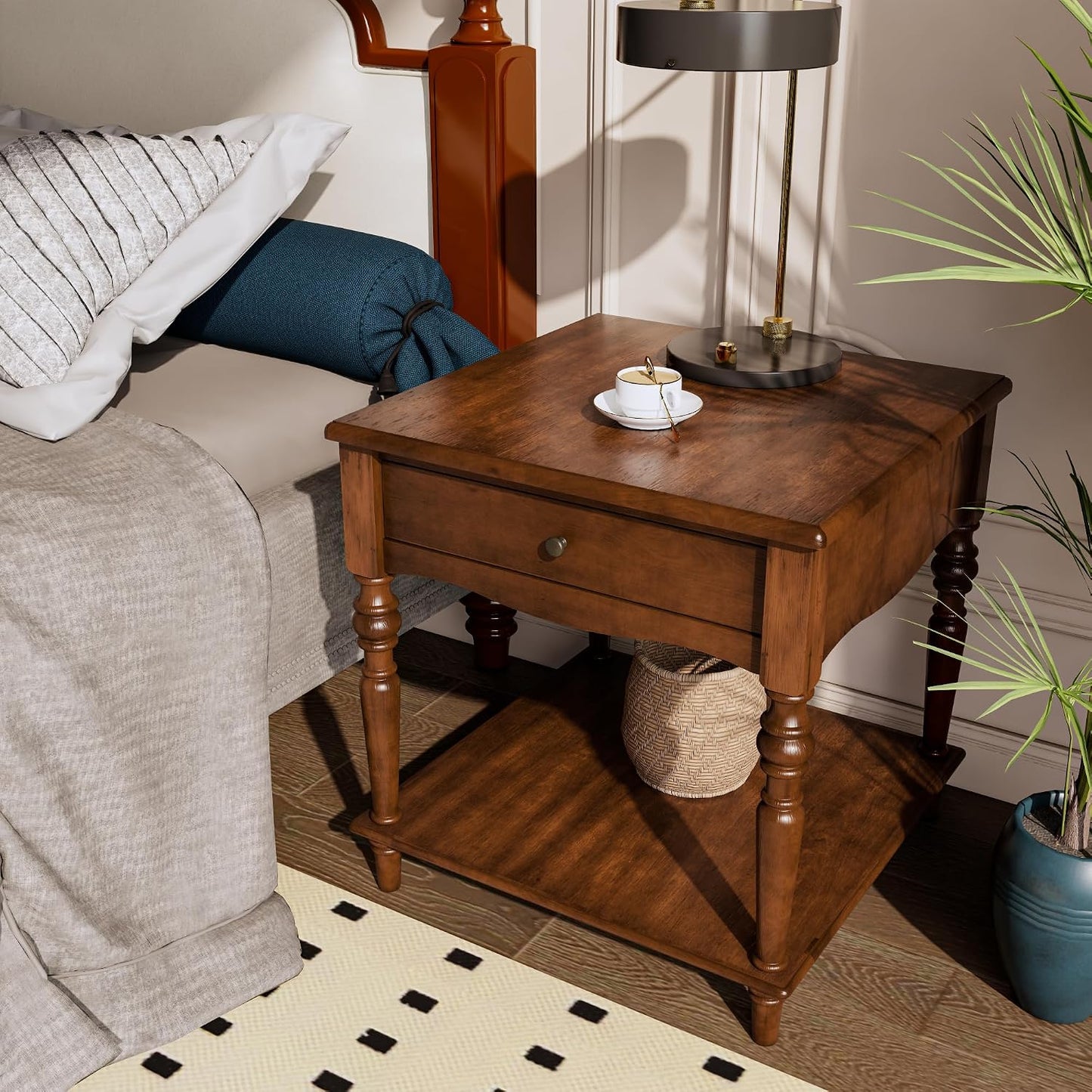 Large Solid Wood End Table Caramel Brown with Drawer and Storage Shelf