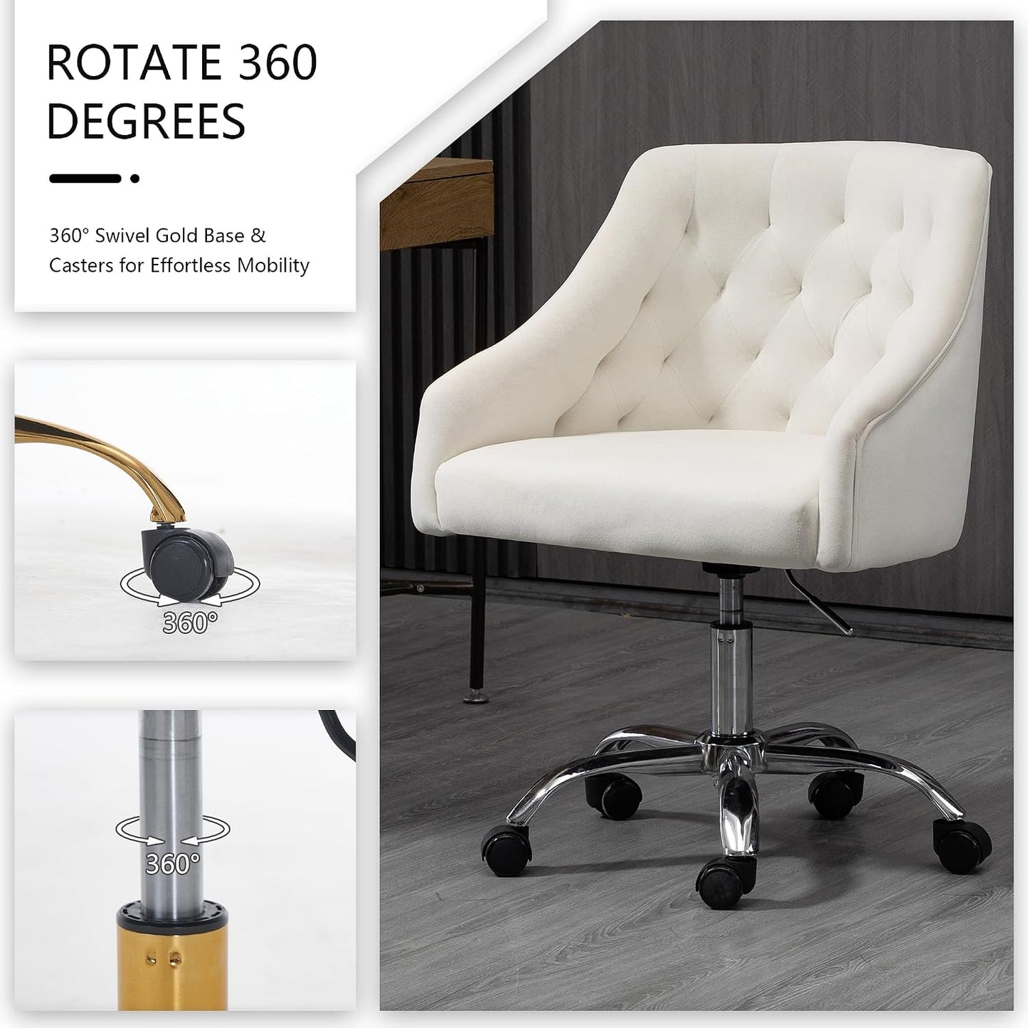 Ivory Velvet Office Chair Tufted Adjustable Swivel Vanity Chair with Wheels
